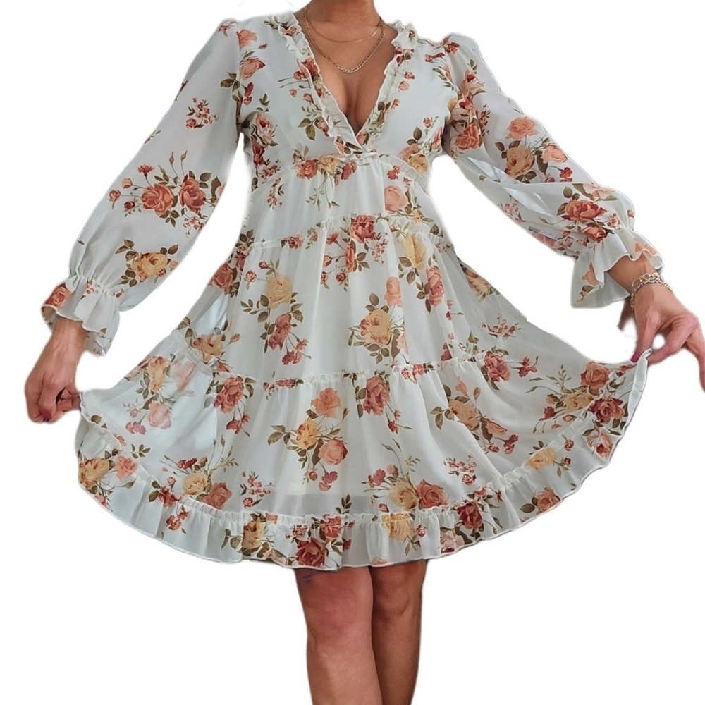 Floral Chiffon Long Sleeve Ruffle Deep V Cutout Dress Size Small
